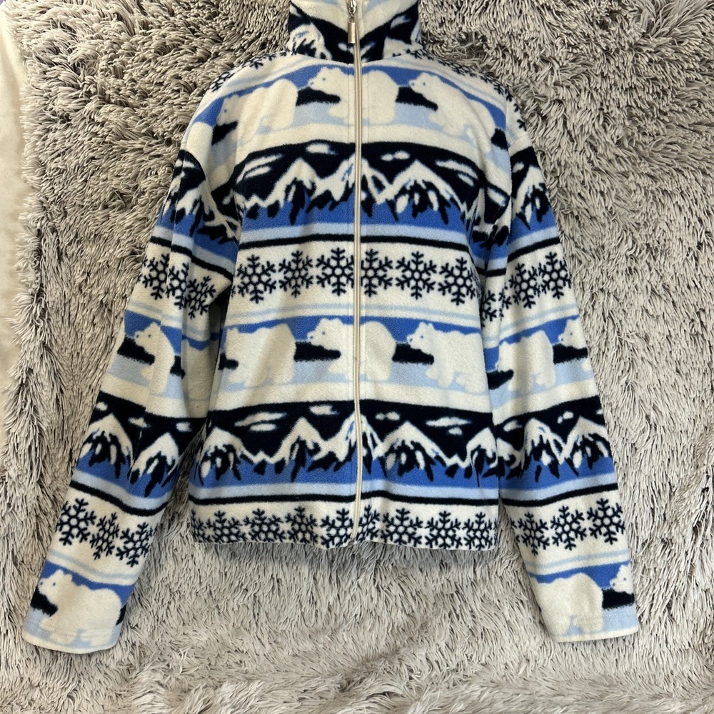 Vintage Polar Fleece Zip Up Large Jacket Blue White Snowflake Bear Winter Layer